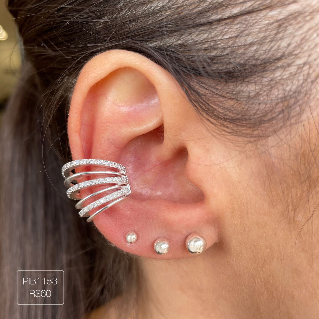 Piercing Fake 6 Fios Cravejados/Lisos Intercalados Cristal Prateado